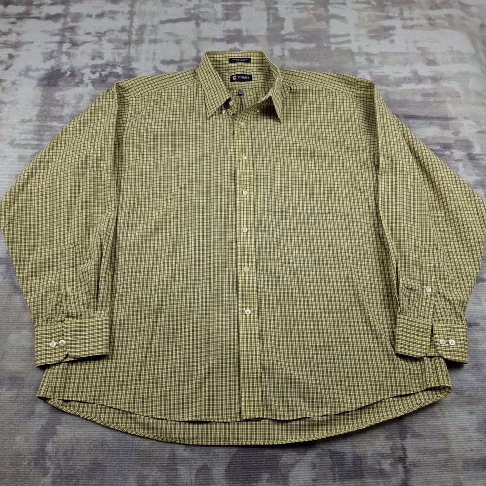 CHAPS Mens Shirt 2XL XXLarge Yellow Plaid Wrinkle Free Long Sleeve Button Down